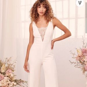 Lulu’s Special Day White Lace Sleeveless Straight-Leg Jumpsuit XS